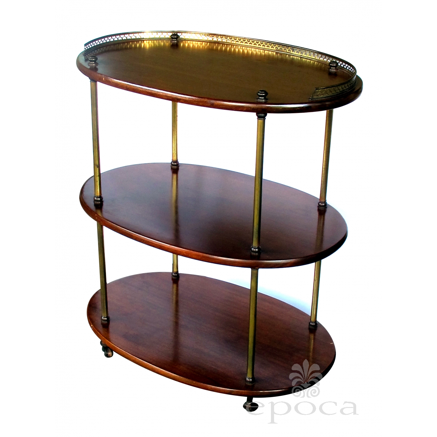 a handsome english 3-tier solid mahogany oval etagere with brass mounts  epoca antiques & 20th century furnishings san francisco