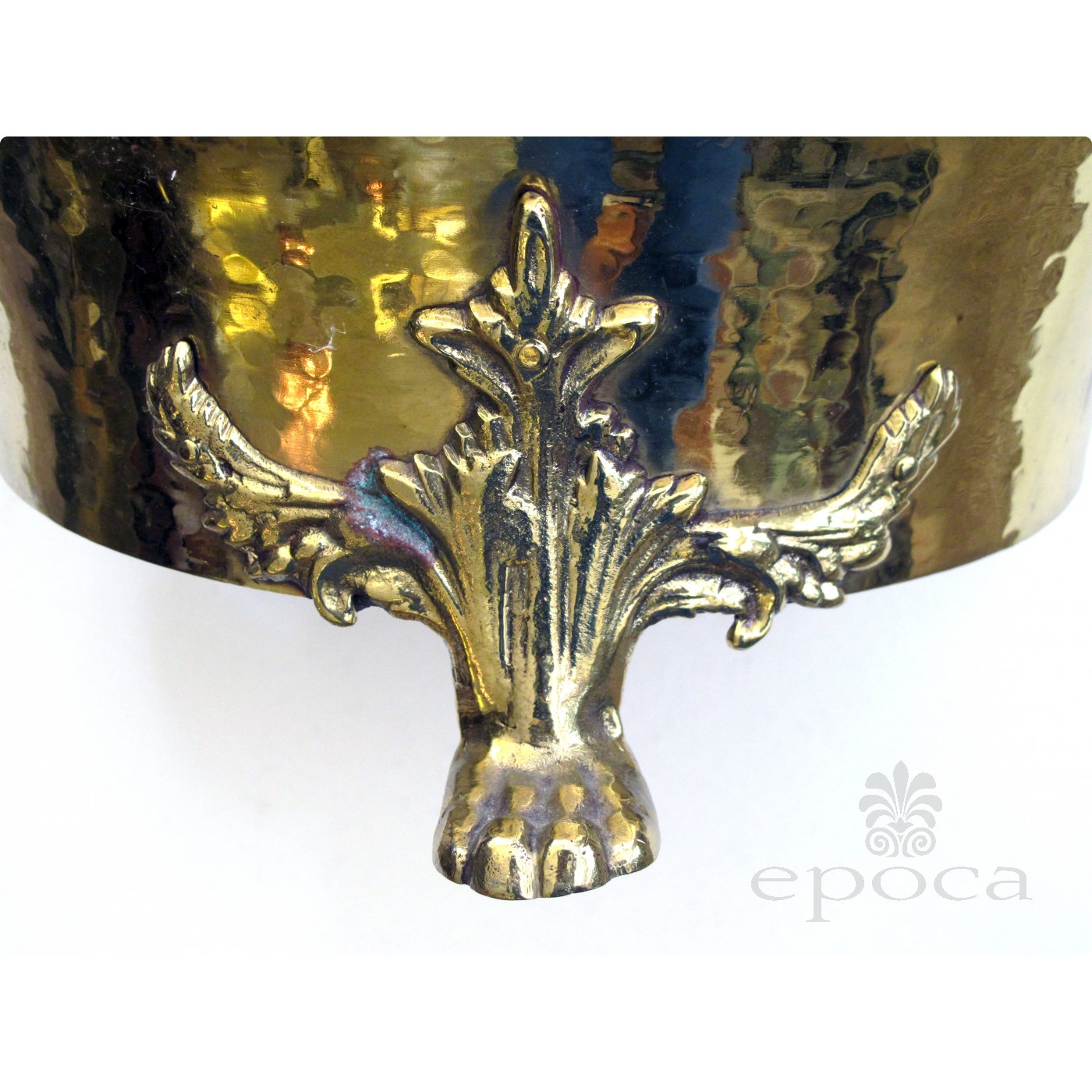 a rare and large-scaled imperial russian hand-hammered brass jardiniere  with lion head mounts; imperial russia stamp, city of Tula (in Cyrillic)  epoca antiques & 20th century furnishings san francisco