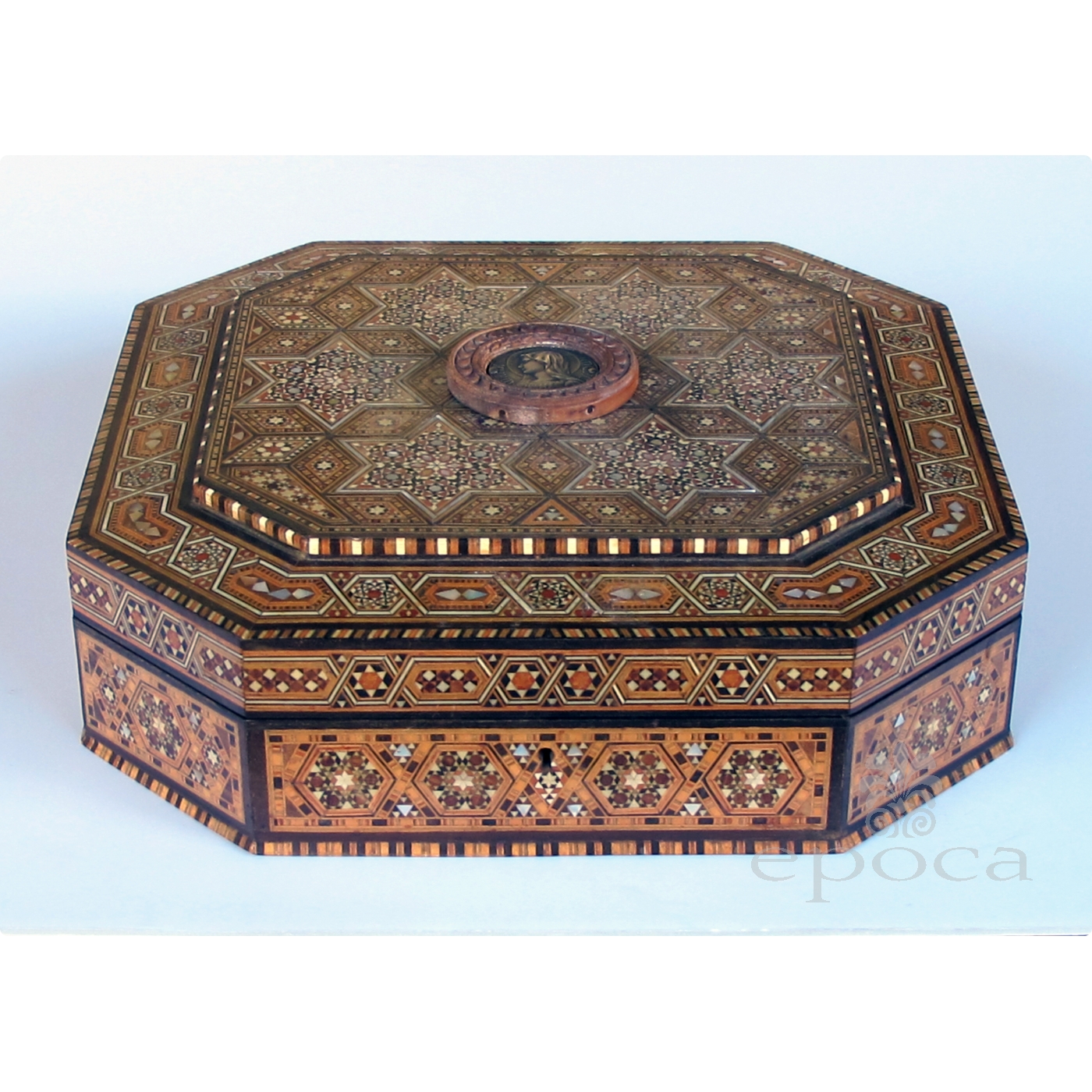 a finely crafted and large middle eastern micro-mosaic marquetry inlaid  octagonal lidded box epoca antiques & 20th century furnishings san francisco